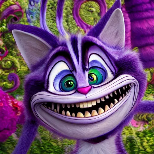 Prompt: the cheshire cat grinning, alice in wonderland, pixar, highly detailed intricate painting, long shot, 3 5 mm camera wide angle, cinematic
