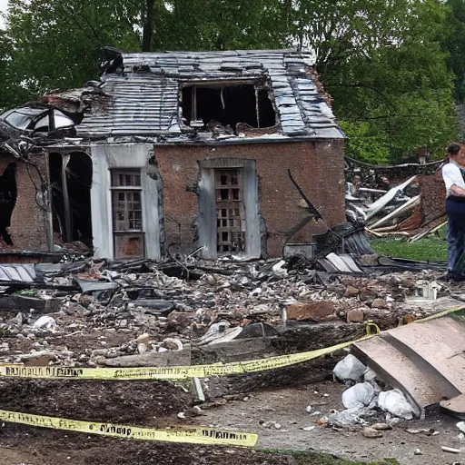 Image similar to an old village house, in the ground a large funnel from the explosion, around people take pictures of this funnel