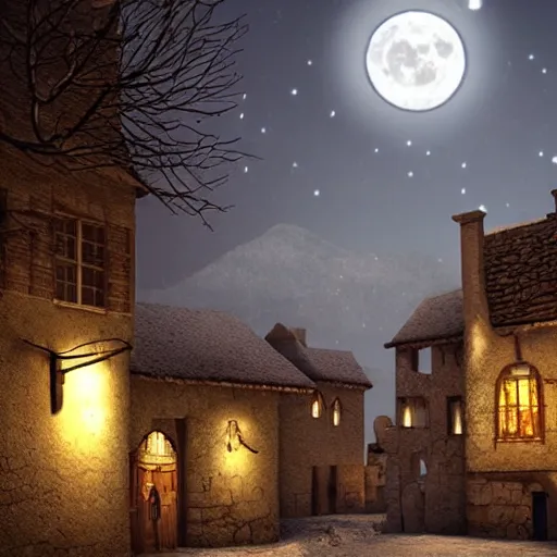 Prompt: a medieval village at night with the moon in the sky realistic, Artstation, snowy