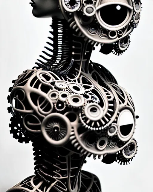Image similar to black and white dreamy foggy profile face portrait, one steampunk eye biomechanical beautiful young female cyclope - cyborg - robot bust, body ribs meshes,, volumetric light, hibiscus flowers, by hg giger, rim light, by dora maar and cecile beaton, big gothic fashion pearl embroidered collar, 8 k