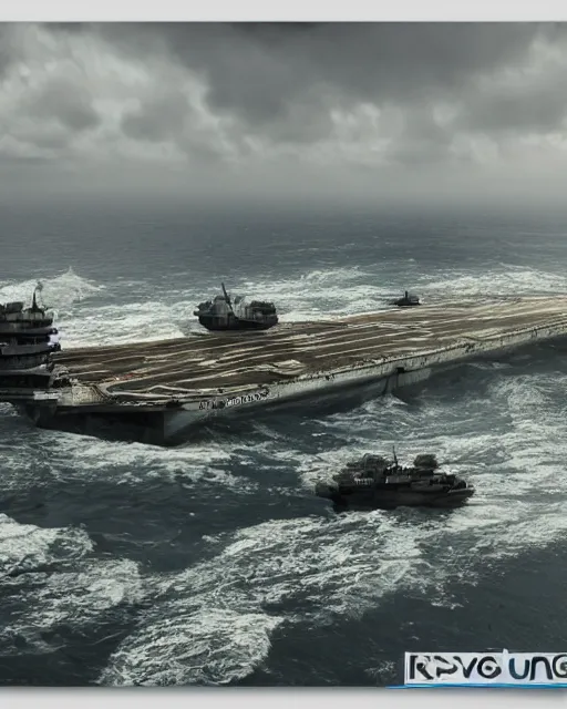 Prompt: view from an aircraft carrier of stormy seas, stormy weather, unreal engine, 3D digital art, ultrawide shot, 16mm lens