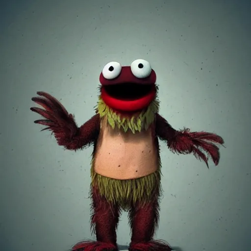 Image similar to a still of a forgotten muppet character looking very manly and modern, hilarious, laughing, hairy chest, huge chin, manly monster tough guy, roughled fur, photo real, photographic, photograph, artstation, trending, featured