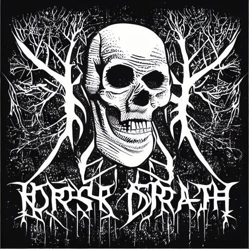 Image similar to dark death metal themed vector illustration for a record label, trees. forest, spikes, skull, microphone, skull, award winning, grunge, iconic, golden ratio