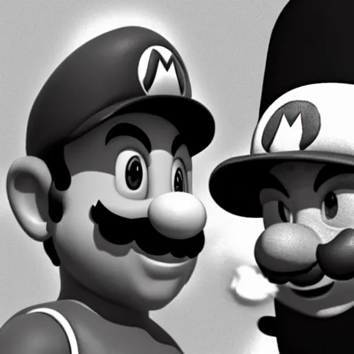 Image similar to realistic photograph of nintendo Mario in a hat with an M smoking in a french new wave Godard film aesthetic, black and white