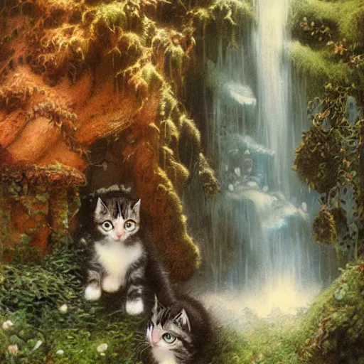 Prompt: two kittens watching the waterfall in the enchanted forest, fantasy, intricate, extremely detailed, face enhance, matte, artstation, art by greg rutkowski, louis wain, alan lee