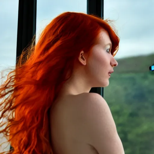 Image similar to a hyper realistic image of a very beautiful red haired girl standing near a window, she is facing the camera, a humpback is flying in the sky