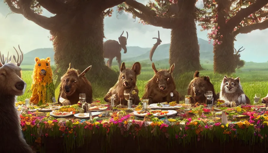 Image similar to a table dinner of animals where animals are dressed like the characters from the midsommar movie wearing flowers, realistic detailed digital art by maxwell boas jessica rossier christian dimitrov anton fadeev trending on artstation cgsociety rendered in unreal engine 4 k hq