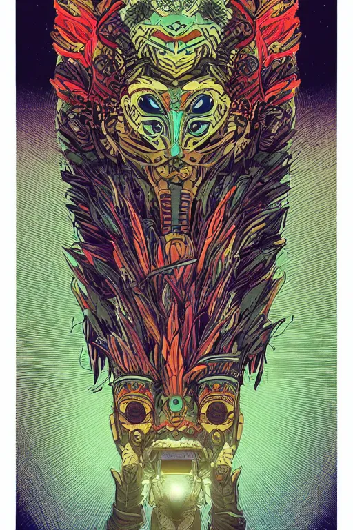 Image similar to totem animal tribal chaman vodoo mask feather gemstone plant video game illustration vivid color borderlands and by feng zhu and loish and laurie greasley, victo ngai, andreas rocha, john harris radiating a glowing aura