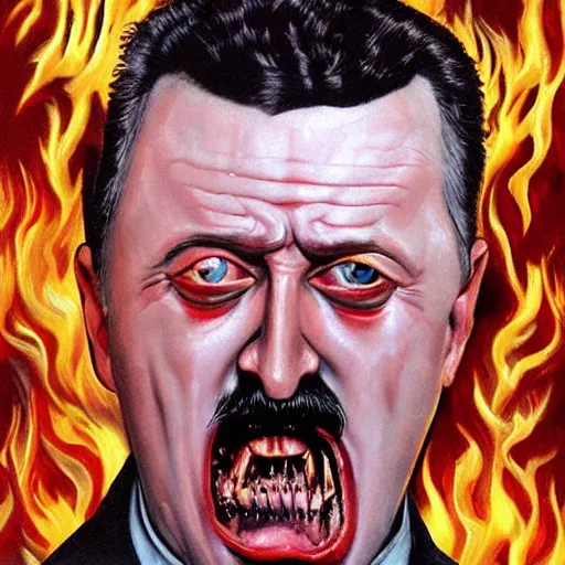 Image similar to igor ivanovich strelkov became an angry degraded satanic hellfire demonic abomination and calling for total mobilization, photo - realistic, color image, 2 k, highly detailed, bodyhorror, occult art