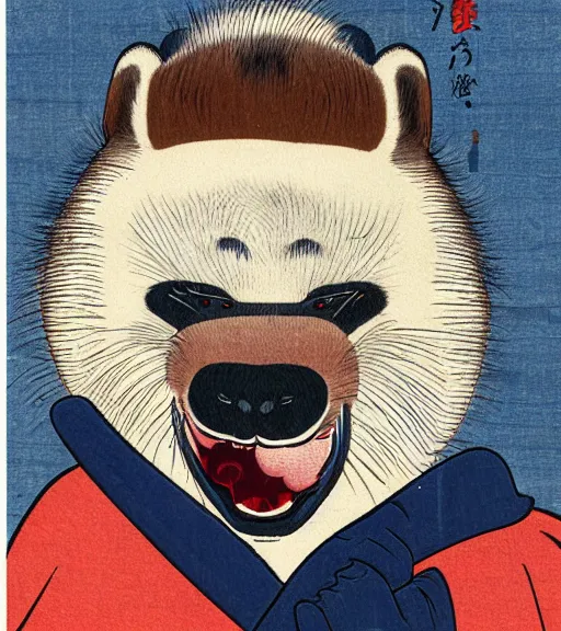 Image similar to ukiyo-e ukiyoe portrait of furry anthro anthropomorphic badger head animal person fursona wearing clothes sitting in a living room