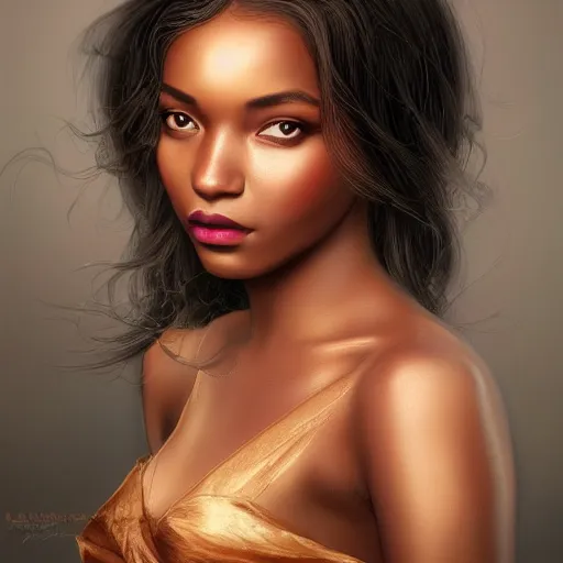 Image similar to a gorgeous female photo, professionally retouched, soft lighting, wearing sundress, illuminated by moonlight, realistic, smooth face, ebony goddess, luscious lips, perfect eyes, wide angle, sharp focus on eyes, 8 k high definition, insanely detailed, intricate, elegant, art by artgerm and wlop