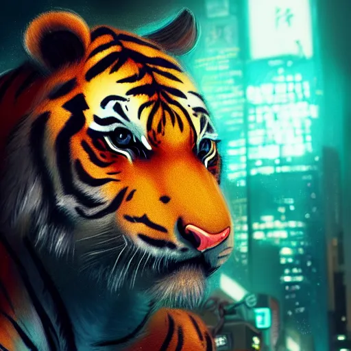 Image similar to a beautfiul award winning commission portrait of an anthro tiger in the neon cyberpunk city at night,wearing a leather jacket,glow effect,detailed face,photorealistic,character design by charles bowater,ross tran,deviantart,artstation,digital art,hyperdetailed,realistic,western comic style,vfx,dramatic,2021