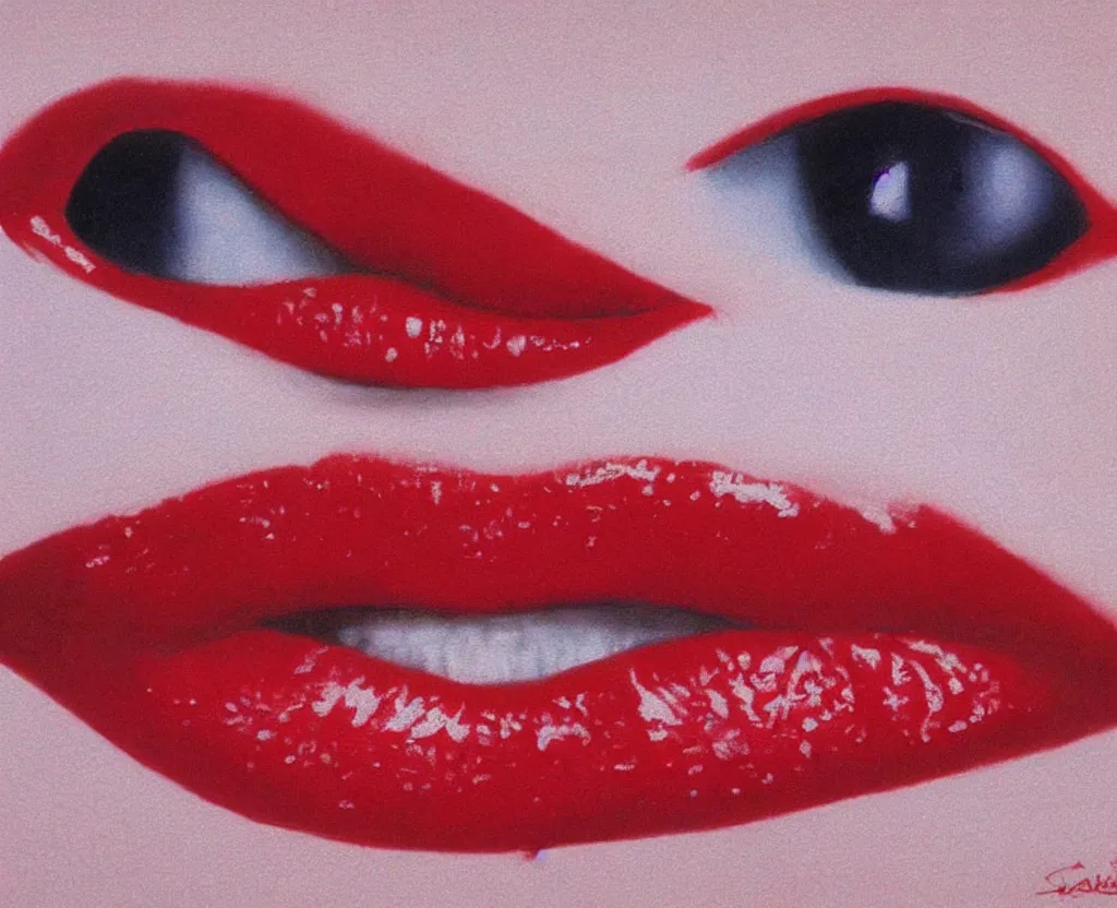 Image similar to realistic and detailed soft airbrush of a glossy scarlet red mouth on white background, inspired by 8 0's airbrush illustrations, art by masao saito