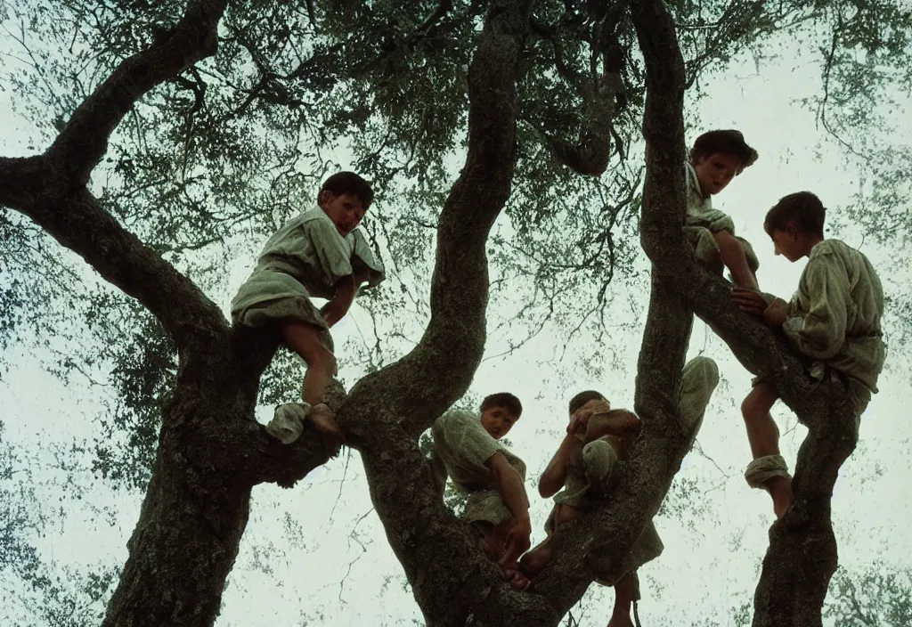 Prompt: two peasant boys climbing a tree, country style, Low angle view, Cottage core, Cinematic focus, Polaroid photo, vintage, neutral colors, soft lights, foggy, by Steve Hanks, by Serov Valentin, by Andrei Tarkovsky, 8k render, detailed, oil on canvas High angle view, wide shot,