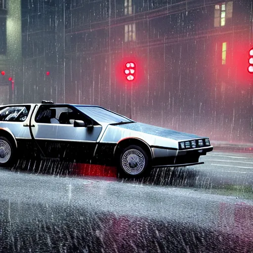 Image similar to hyperdetailed, photorealistic photograph of a dmc 1 2 delorean driving in the streets, rain, night, dense fog, hd, unreal engine 5