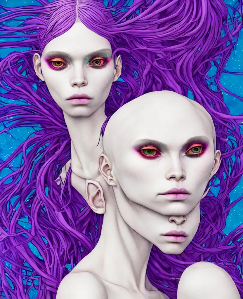 Prompt: 1 figure, the non-binary deity of Spring, resembling a mix of Grimes, Aurora Aksnes, and Zoë Kravitz, in a style blend of Botticelli, Möbius and Æon Flux, stunningly detailed artwork, hyper photorealistic 4K, stunning gradient colors, very fine inking lines