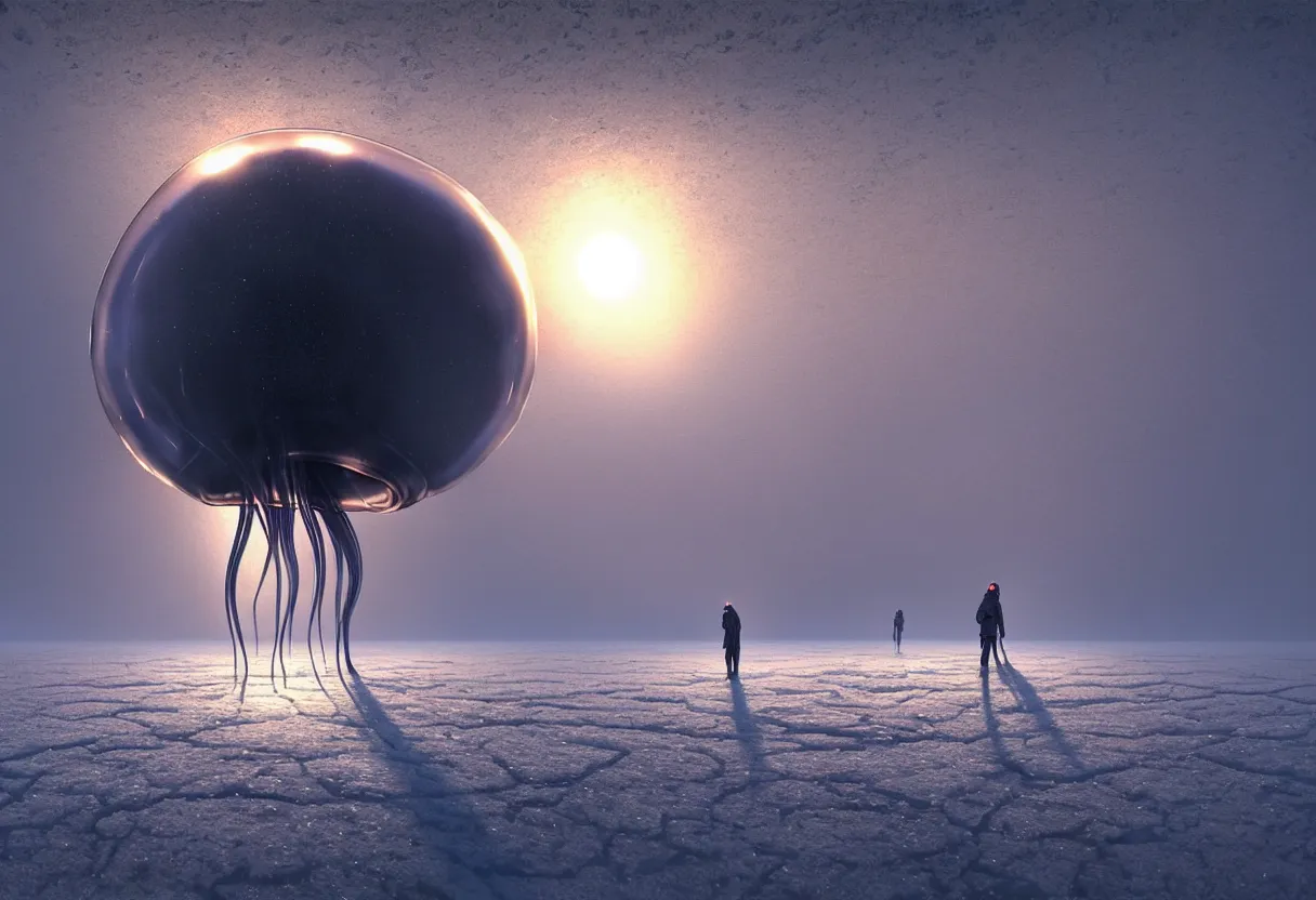 Prompt: strange glassy alien jellyfish emerging from surface of another frozen winter planet at sunset, ultra high definition, ultra detailed, symmetry, fog, matte painting, by greg rutkowski and ross tran and wlop