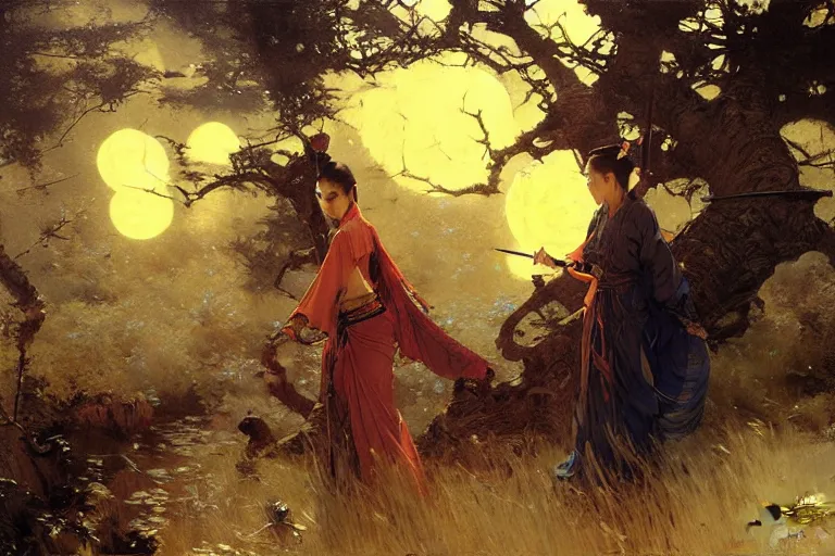 Image similar to wuxia, forest, moonlight, painting by gaston bussiere, craig mullins, j. c. leyendecker