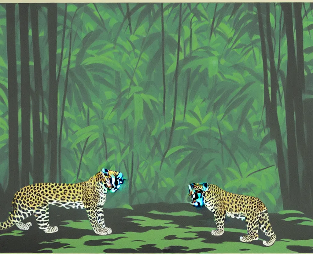 Image similar to a painting of a jaguar in a dark misty jungle. Painted by Hiroshi Nagai. Aesthetics of Hiroshi Nagai