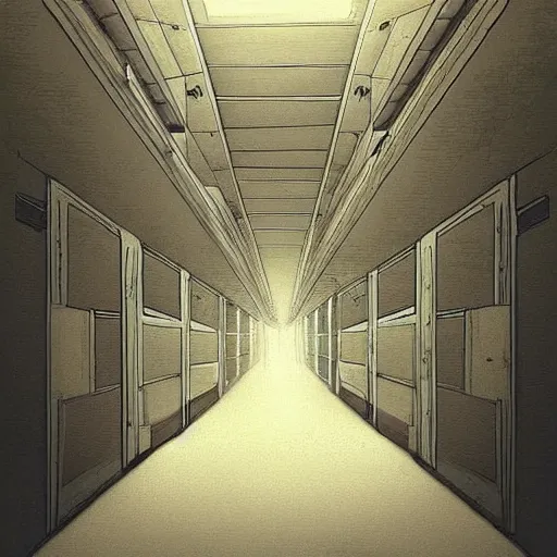 Image similar to “the inside of a huge white building with with many doors and stairs, confusing, creepy, mind bending, doors, strange dimensions, anime style, detailed background, very detailed”