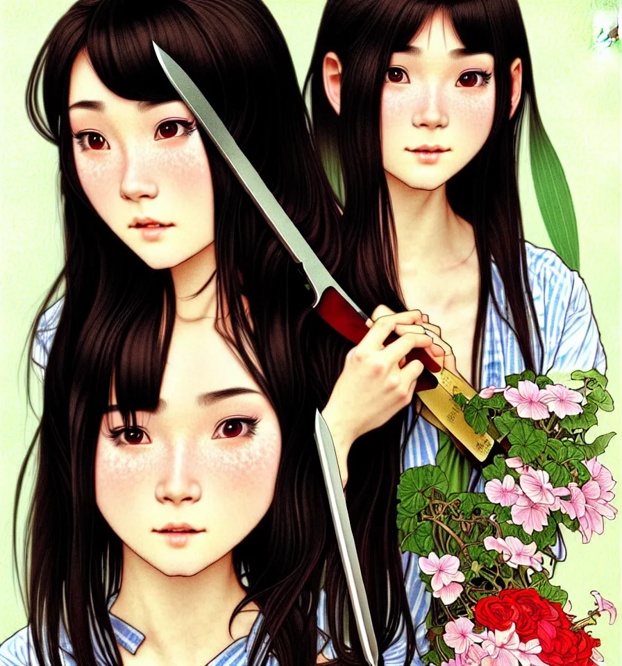 Image similar to closeup portrait of an innocent 18 year old lady from Vietname wearing a pretty little dress with straight silky black hair, in a butcher shop, holding a butcher knife. insanely and epically detailed high-quality artwork with soft colors, exquisitely detailed soft shadowing, amazingly composed image, epic pencil illustration, by Range Murata and by Alphonse Mucha and by Katsuhiro Otomo.