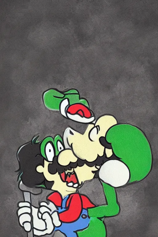 Image similar to mario devouring luigi in the style of saturn devouring his son by goya, digital art, canvas, goya, extremely detailed, clear facial features, grotesque