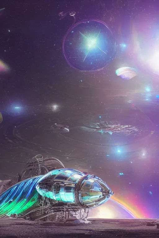 Prompt: crystal space ship, crystalline, glimmering, glowing alien symbols and lettering, depth of field, in the voice of space, bursting through space dust and clouds, rainbow aura, ultra realistic, concept art, intricate details, highly detailed, photorealistic, octane render, by john berkey, 8 k