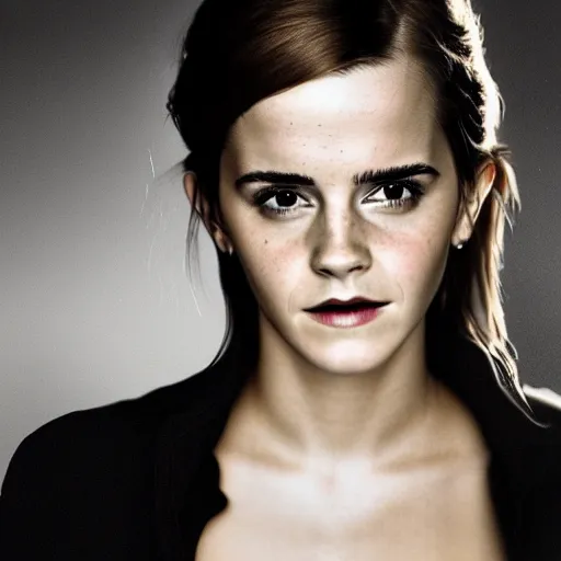 Image similar to emma watson looking in the mirror, dark, intricate, highly detailed, 4 k photorealistic