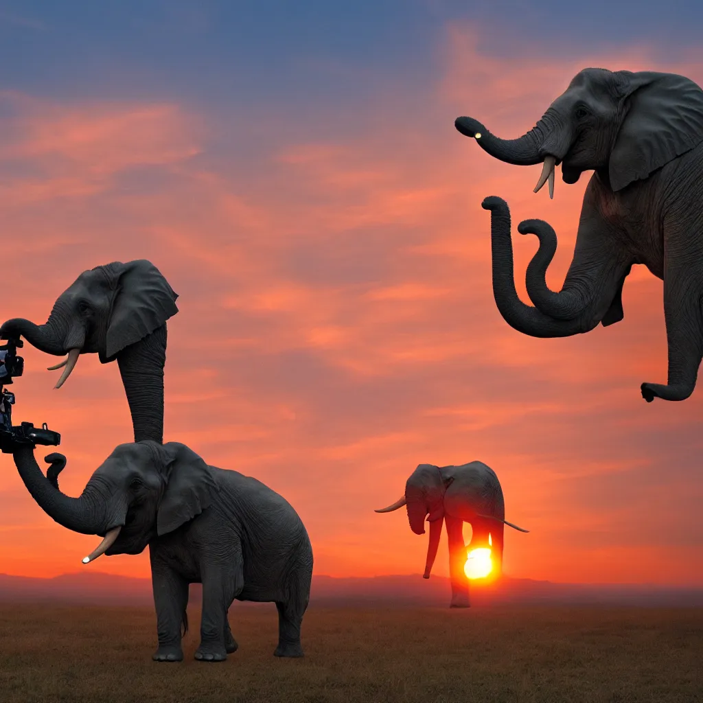 Prompt: elephant shooting lasers from its eyes in front of a sunset