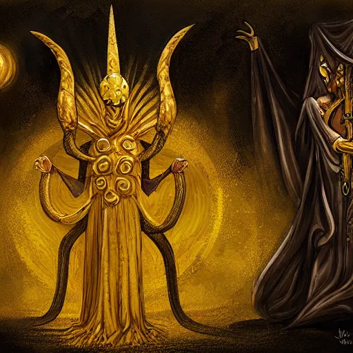 Prompt: hastur, the king in yellow fighting a biblical angel, digital painting, highly detailed