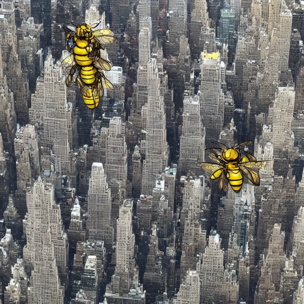 Prompt: giant mecha bee attacking new york