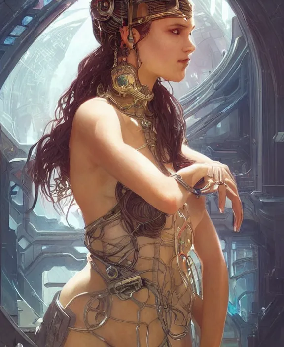 Prompt: portrait of a cyberpunk beautiful goddess, soft hair, half body, d & d, fantasy, intricate, elegant, highly detailed, digital painting, artstation, concept art, art by artgerm and greg rutkowski and alphonse mucha