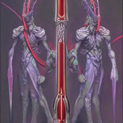 Image similar to fantasy sword concepts, painting by Wayne Douglas Barlowe ,