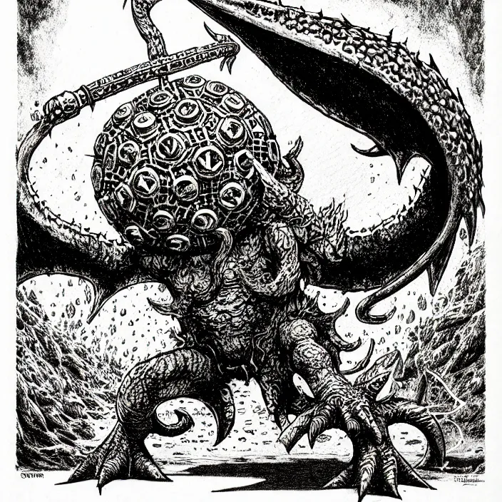 Image similar to a nintendo octorok as a d & d monster, pen - and - ink illustration, etching, by russ nicholson, david a trampier, larry elmore, 1 9 8 1, hq scan, intricate details, high contrast