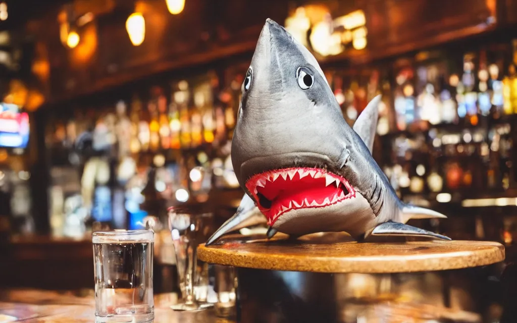 Prompt: Stuffed shark ordering a beer at a bar, plush toy, fish, dim lighting, 50mm, depth of field