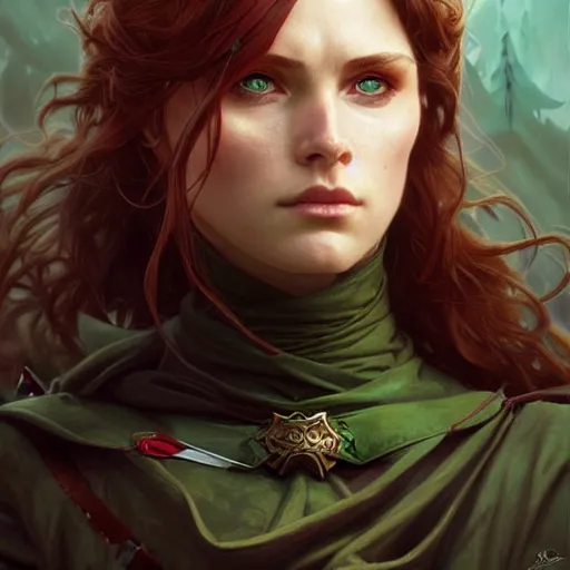 Image similar to Portrait of serious female ranger, D&D, green eyes, face, long red hair, fantasy, intricate, elegant, highly detailed, digital painting, artstation, concept art, smooth, sharp focus, illustration, art by artgerm and greg rutkowski and alphonse mucha