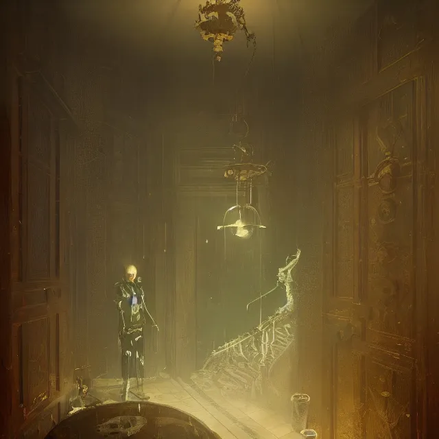 Image similar to ultra - realistic painting gothic 1 9 2 0 s hotel elevator opening up to cosmic horror, atmospheric lighting, brooding, foreboding, by carl spitzweg, ismail inceoglu, vdragan bibin, hans thoma, greg rutkowski, alexandros pyromallis, fine details, realistic shading