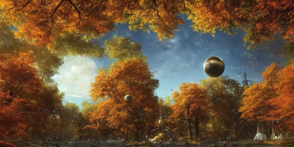 Image similar to a woodland city and park with a glorious spherical sci-fi building at its centre, bright and sunny day, autumn, Greg Rutkowski and Ivan Shishkin