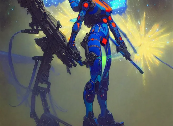 Image similar to character design digital 2 d women indian evangelion cyborg blue armor with and hologram galaxie gun by gaston bussiere, anna nikonova aka newmilky, greg rutkowski, yoji shinkawa, yoshitaka amano, tsutomu nihei, muira, moebius, donato giancola, trending on artstation, featured on pixiv