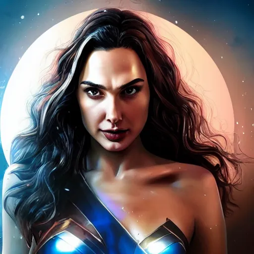 Prompt: a portrait of gal gadot, cinematic, epic, legendery, dark comedy, nigth moon ligth, fun, inspiring, mind blowing camer shot sharp focus, detailed, digital art, artstation, concept art, sharp focus, illustration, art by waya steurbaut