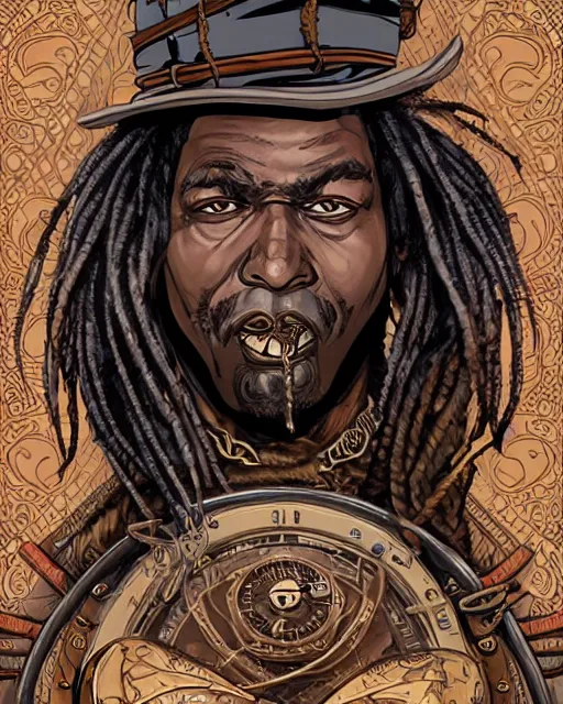 Image similar to a detailed portrait illustration of a steampunk witch - doctor. rugged black male face. fat, muscular. art nouveau, pop art, comic book style. influenced by neil gaiman, h. p. lovecraft, dan mumford, boris vallejo, vadim voitekhovitch, killian eng, ross tran.