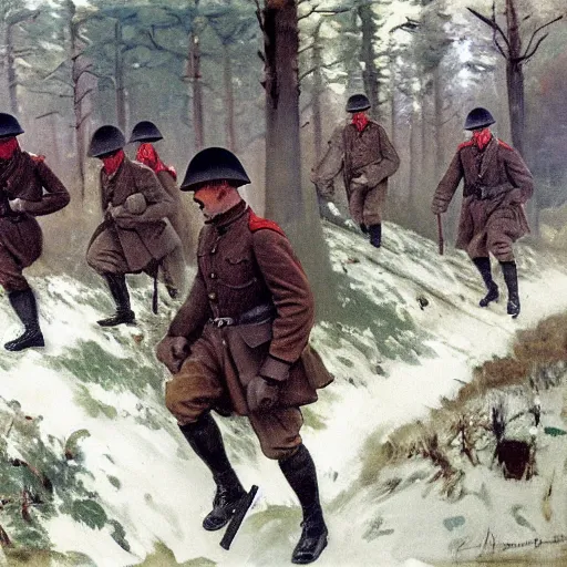 Image similar to ww 1 german soldiers advancing through european forest brush, long grey capes with red accents, 1 9 0 5, oil on canvas, william james aylward, harvey dunn, john singer sargent