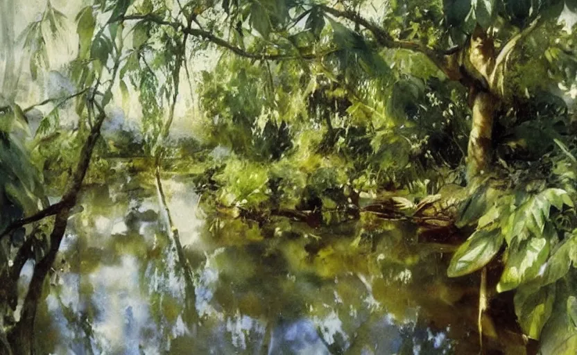 Prompt: oil painting lanscape by anders zorn, jungle nature, fruit trees, very very very very beautiful art, dramatic light, water reflections, aquarelle paint splashes, white canvas border