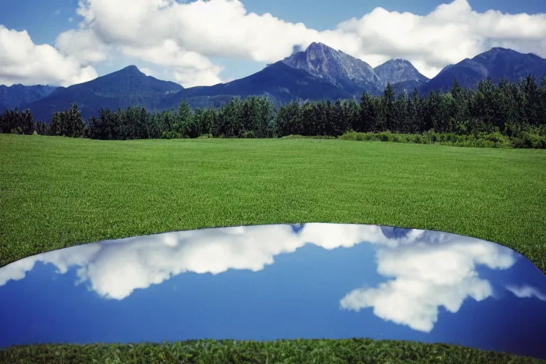 Prompt: film color photography, green lawn, small mirror reflected clouds, no focus, mountains in distance, 35mm