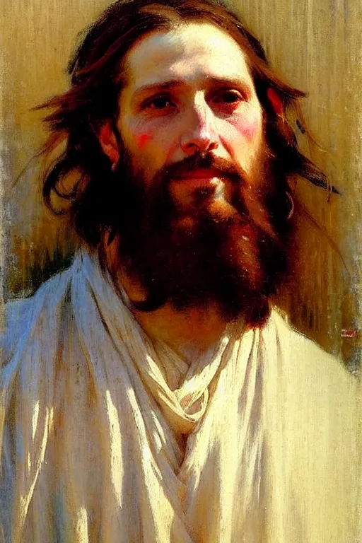 Image similar to impressionist brushstrokes!!!!!!!!! solomon joseph solomon and richard schmid and jeremy lipking victorian loose genre loose painting full length portrait painting of jesus with a slight smile happy inviting