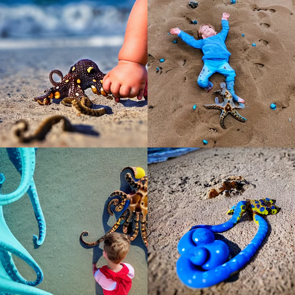 Prompt: child playing with a blue ringed octopus on a beach, 4K photo, instagram