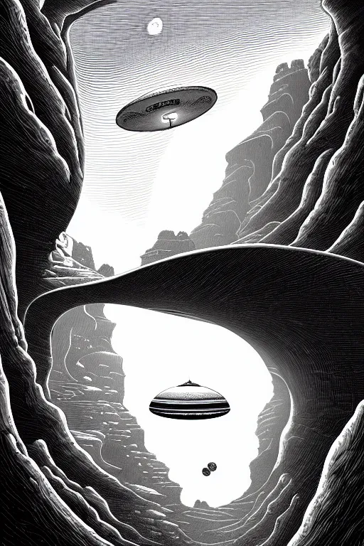 Image similar to a line drawing of a flying saucer over a canyon by joe fenton, trending on artstation, realistic rendering