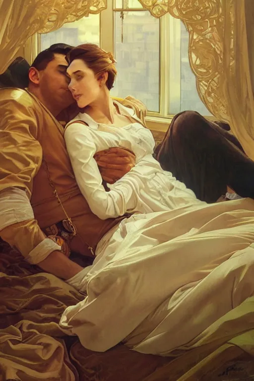 Image similar to portrait of a man in dhl uniform hugging his wife in a bed, feelings, romantic, fantasy, intricate, elegant, highly detailed, digital painting, artstation, concept art, smooth, sharp focus, illustration, art by artgerm and greg rutkowski and alphonse mucha