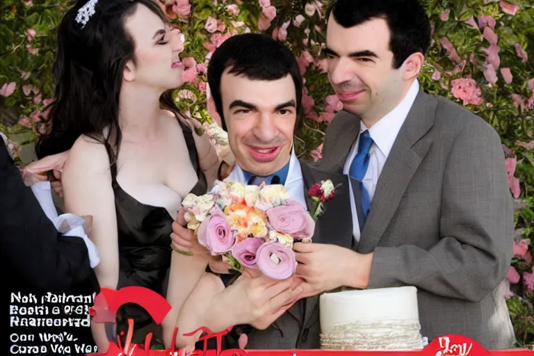 Image similar to nathan fielder getting married to a catgirl wedding photo romance novel cover cookbook photo