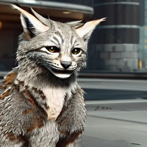 Prompt: “beautiful up close photo of an anthropomorphic lynx cat, wearing futuristic armour staring toward camera while sitting in the streets of area 18 on arccorp plaza, star citizen”